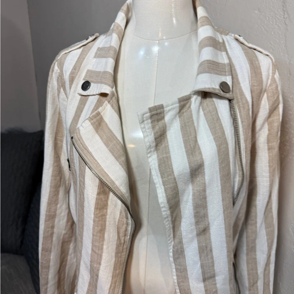 Lulus Striped Moto Jacket Cream Tan Asymmetrical Zip Lightweight Size L - Picture 2 of 12